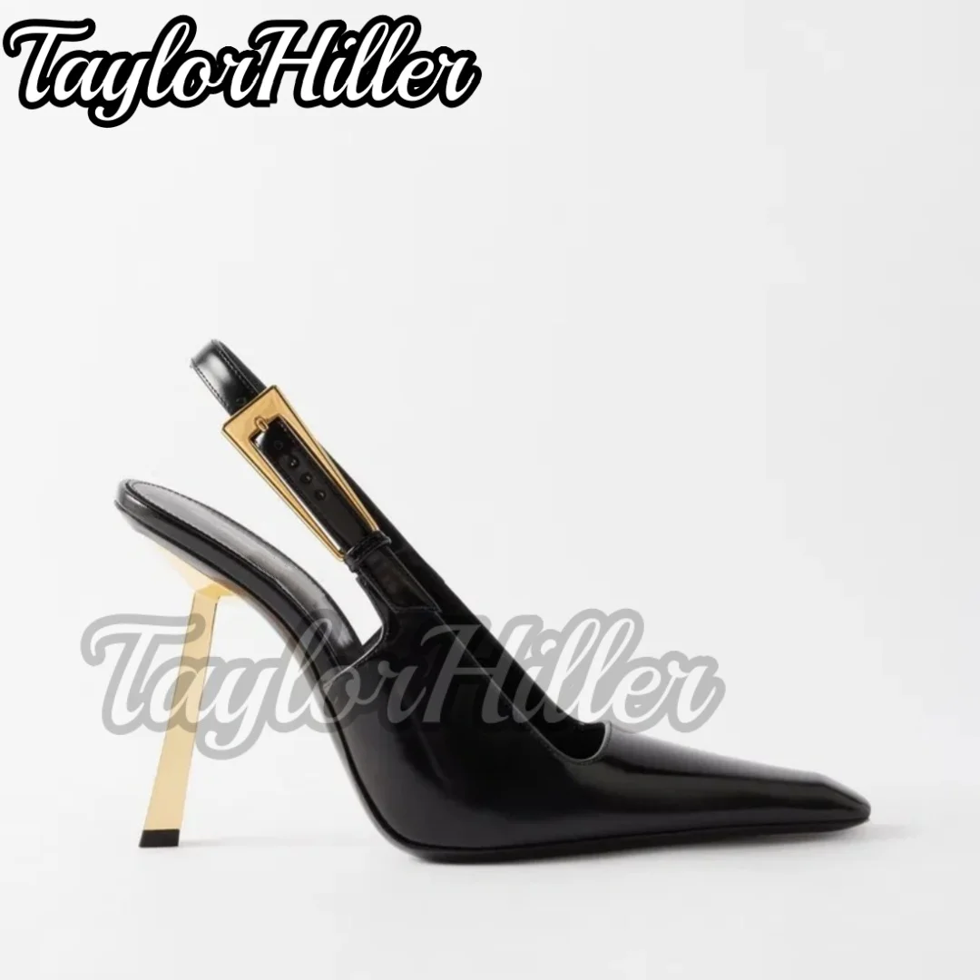 

Роскошные босоножки на каблуке из лакированной кожи с открытой пяткой, женская дизайнерская обувь в золотистом странном стиле с острым носком на мелком высоком каблуке, летняя обувь