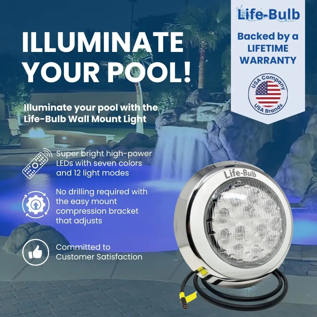 Led Color Changing Pool Light With Remote, Wall Mount, 75ft Cable, 12V 60W - Nicheless Pool Light - Lifetime Replacement