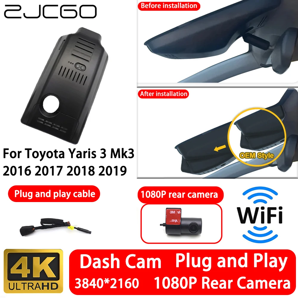 for Toyota Yaris 3 Mk3 2016 2017 2018 2019 4K 2160P Front Rear Camera Dash Cam Wifi Plug and Play Video Recorde Loop Recording