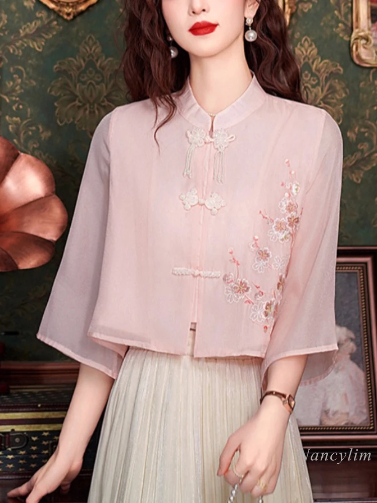 New Chinese Style Improved Cheongsam Shirt for Women Summer 2024 New Chiffon Blouse Small Horse-Face Skirt Matching Top