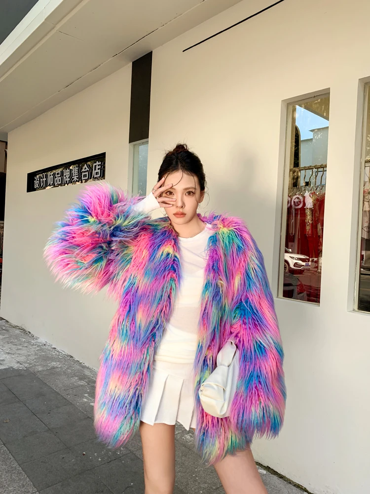 Original Design Colourful Faux Fur Coat Female V-neck Jacket Lady Shaggy Outerwear Women's Winter Coats Factory Direct Sales