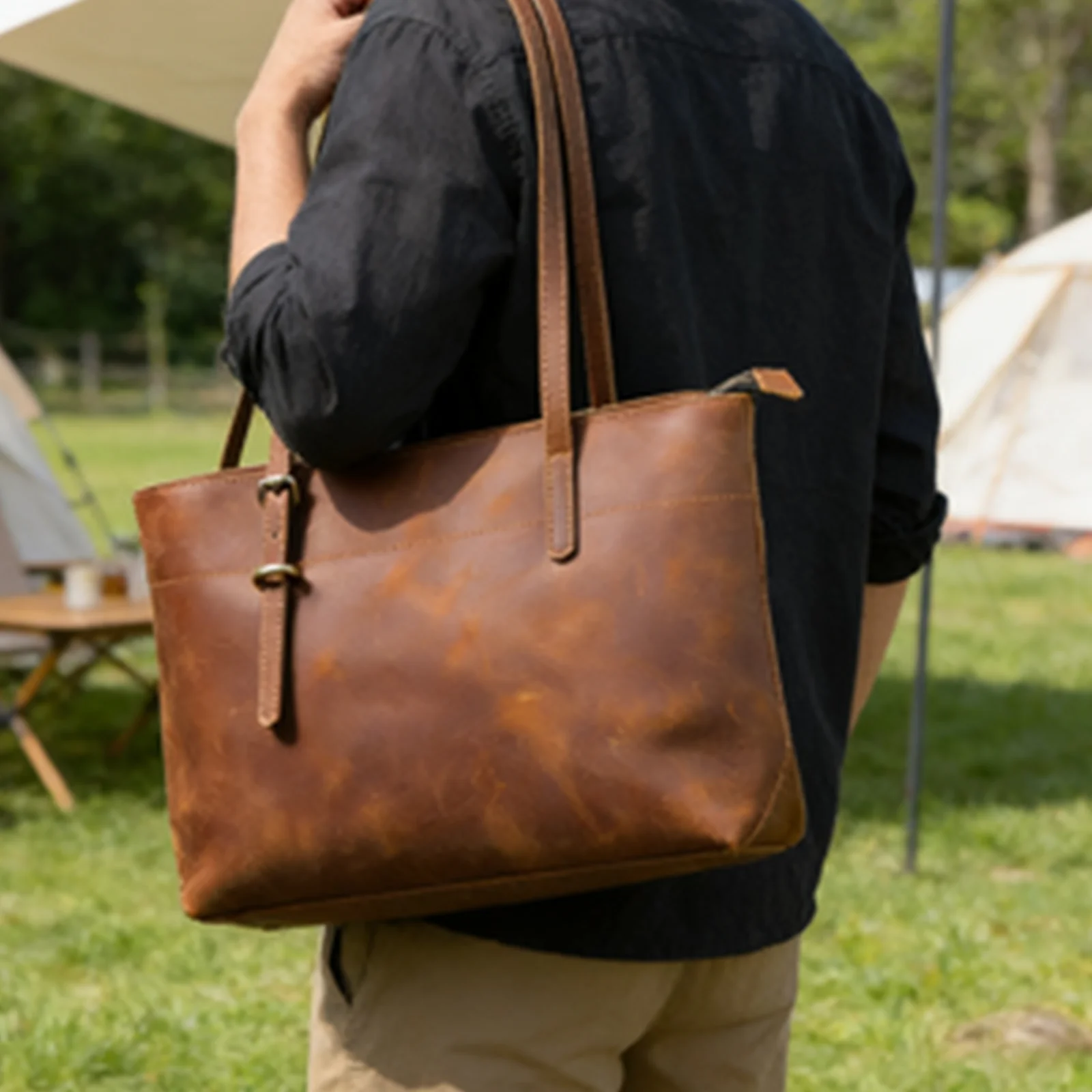 S.WORKER Retro-Umhängetasche aus Vollnarbenleder | Vintage Herren-Umhängetasche für Arbeit & Reisen – Detail 6