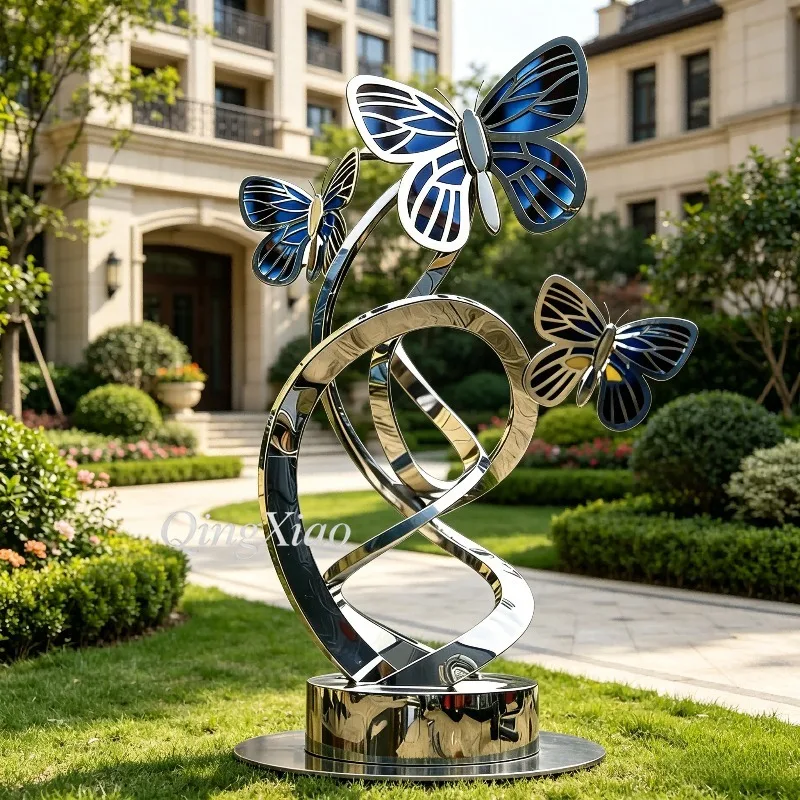 Mirror Polished Color Inlaid Butterfly Stainless Steel Sculpture Custom For Outdoor Garden Villa Courtyard Natural Landscape