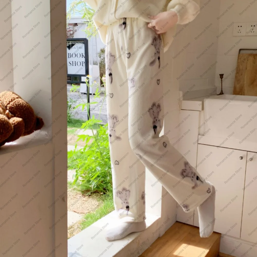 

Фланелевые пижамные штаны с рисунком кролика, популярные осенние и зимние теплые и повседневные домашние брюки для женщин, удобные брюки