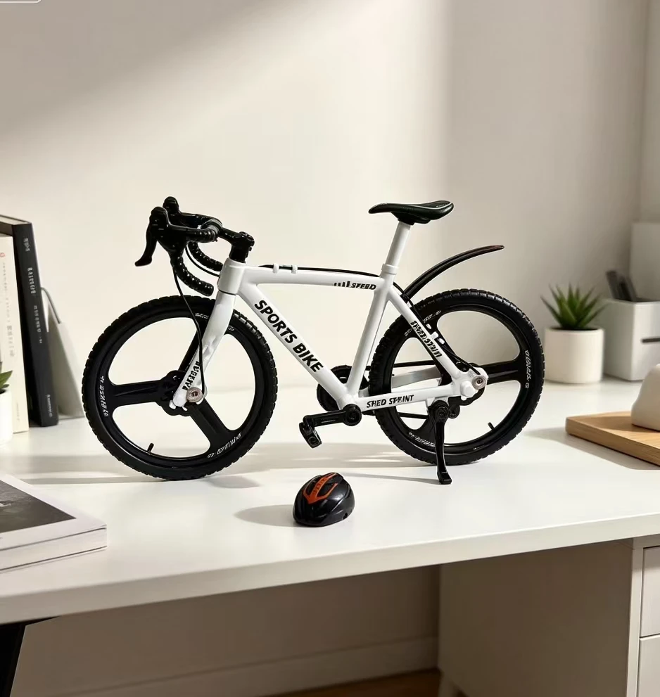 Simulation Road Bike Model Ornament, Mini Bicycle Tabletop Decor with Helmet, Metal Craft Home Office Display Collectible Gift