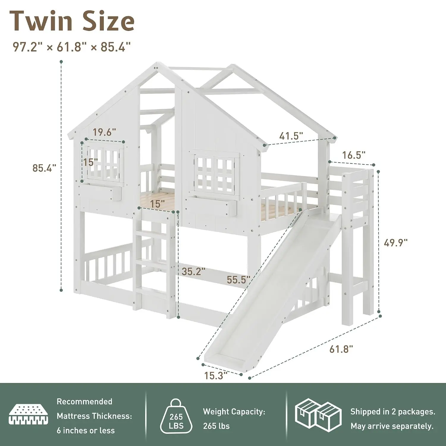 Twin Bunk Bed with Slide & Ladder, Solid Wood, Play House, Guardrails, Window Shelf, No Box Spring, Noise-Free, Customized