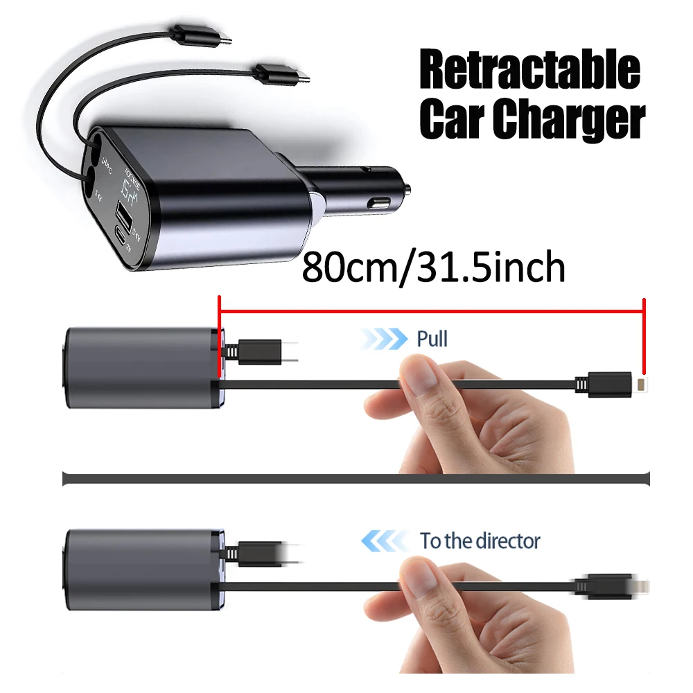 120W Fast Car Charger, 4 in 1 Retractable Charge Car Phone Charger Adapter, Retractable Cables(2.6ft) USB-C and 2 USB Ports