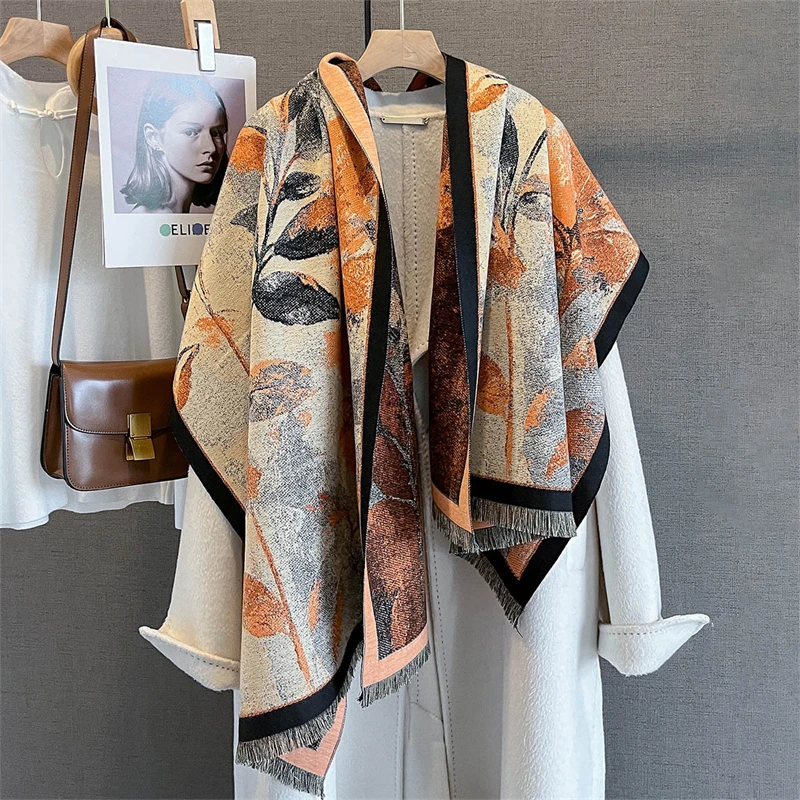 

Leaf Luxury Winter Women Scarf Imitation Cashmere Thicken Warm Shawl Pashmina Scarves Female Wrap Blanket Ladies