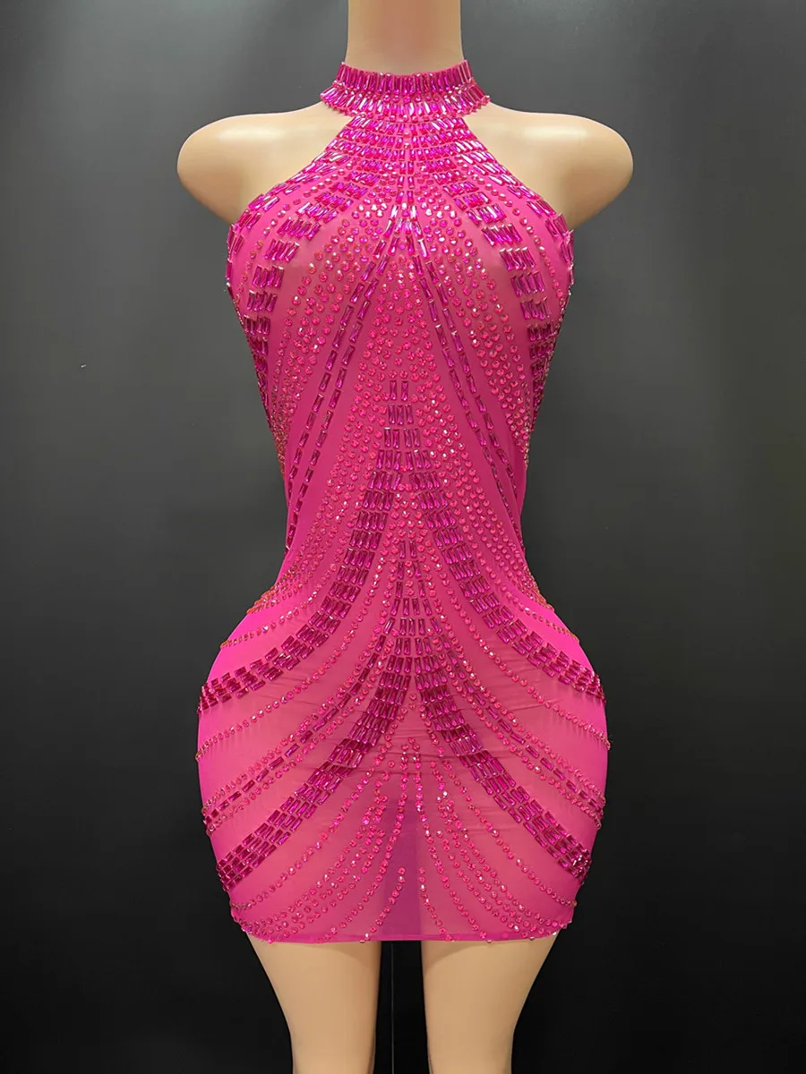 High end luxury performance Dresses Backless Crystal Sequins Full Diamond Mini Bodycon Dress 2024 Elegant Party Evening