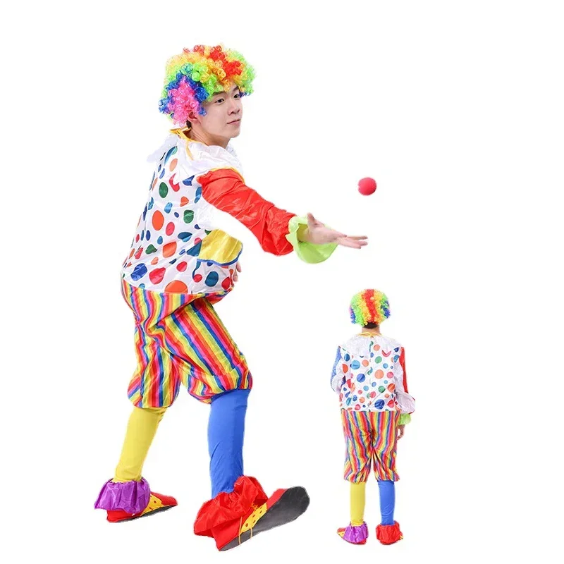 Halloween Volwassen Grappig Circus Clown Ondeugende Cosplay Kostuums Voor Mannen Carnaval Kerstfeest Clown Kostuum Pruik En Neus