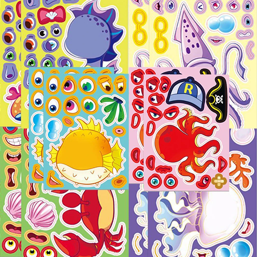 8/16sheets Cartoon Marine Life Make a Face Stickers Cute Shark Octopus Puzzle Game DIY Assemble Jigsaw Decals Party Reward Gifts