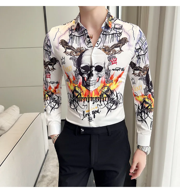 

American style hot selling new Men's shirt 3D skull print shirt fashionable Men's personalized casual long sleeved shirt S-5XL