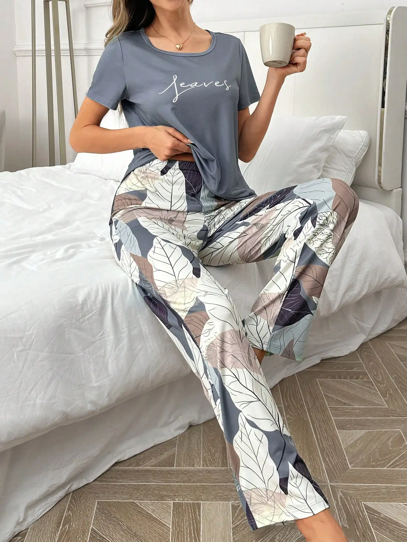 여성용 사계절 잠옷 2피스 세트, 우아한 꽃무늬 프린트, 편안한 반팔 긴바지 잠옷 세트