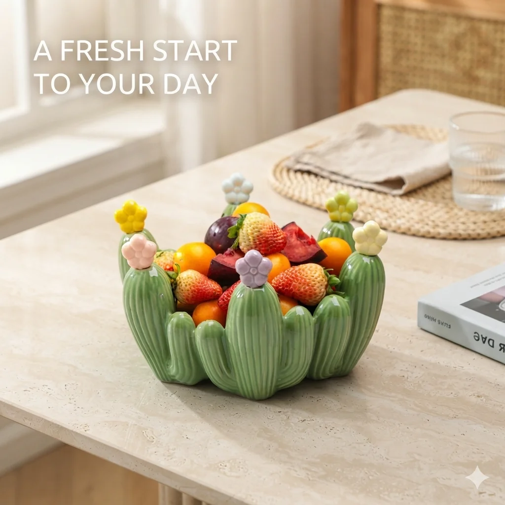 Nordic Style Cute Cactus Shaped Green Ceramic Fruit Bowl With Fruit Fork Storage For Living Room Coffee Table Home Decor