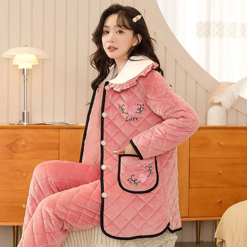 2024 New Pajamas Women's Winter Coral Velvet Sleepwear Three-layer Cotton Padded Pile Thickened Warm Mid-length Loungewear Set