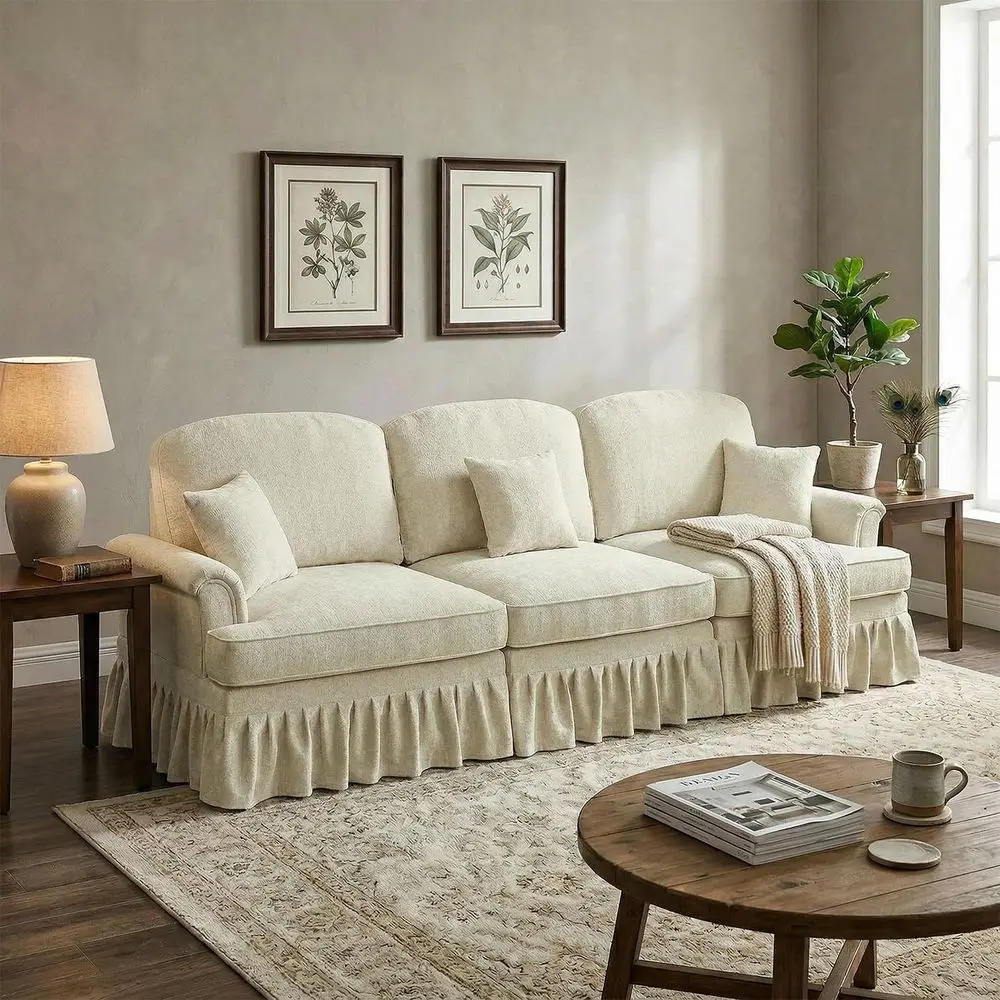 

Sectional Sofa with Chenille Fabric, Removable Skirt, Plush Armrests, Sturdy Legs, 3-Seat Convertible for Living or Bedroom (Bei
