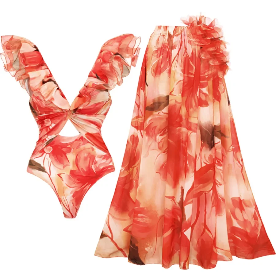 Maillot de bain une pièce en mousseline de soie, col en v, manches à volants, imprimé Floral, Slim, avec robe longue, Sexy, vêtements de plage, pour femmes, 2025