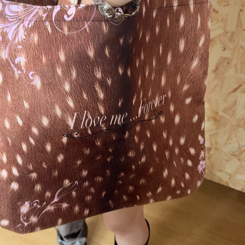 Schultertasche aus Canvas im Mori-Girl-Stil mit Hirschmuster, Damen-Einkaufstasche mit Elch-Textur, niedliche, leichte Reise-Einkaufstasche mit großem Fassungsvermögen – Detail 2