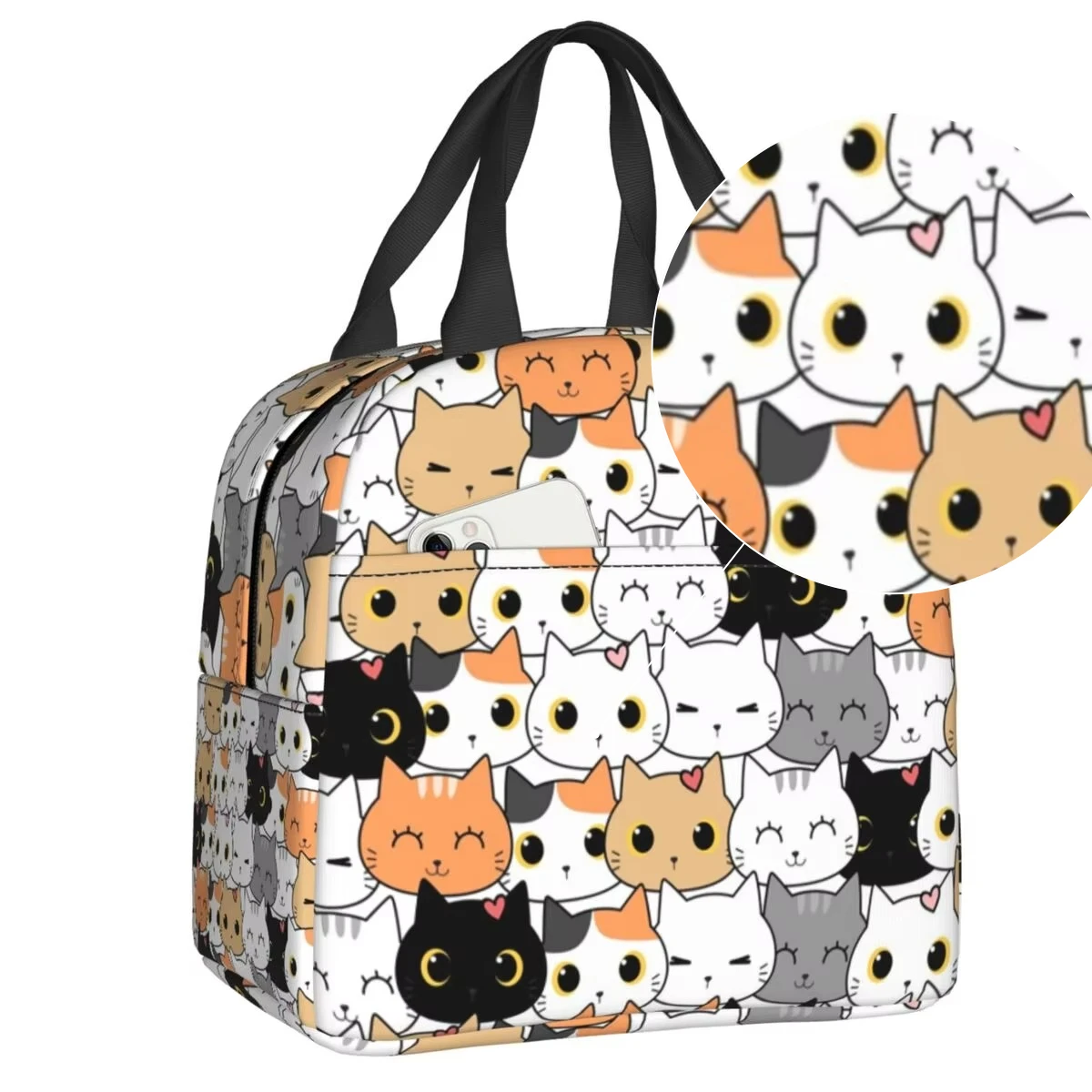 Custom Cute Kitten Cat Doodle Lunch Bag Men Women Cooler Warm Insulated Lunch Box for Kids School