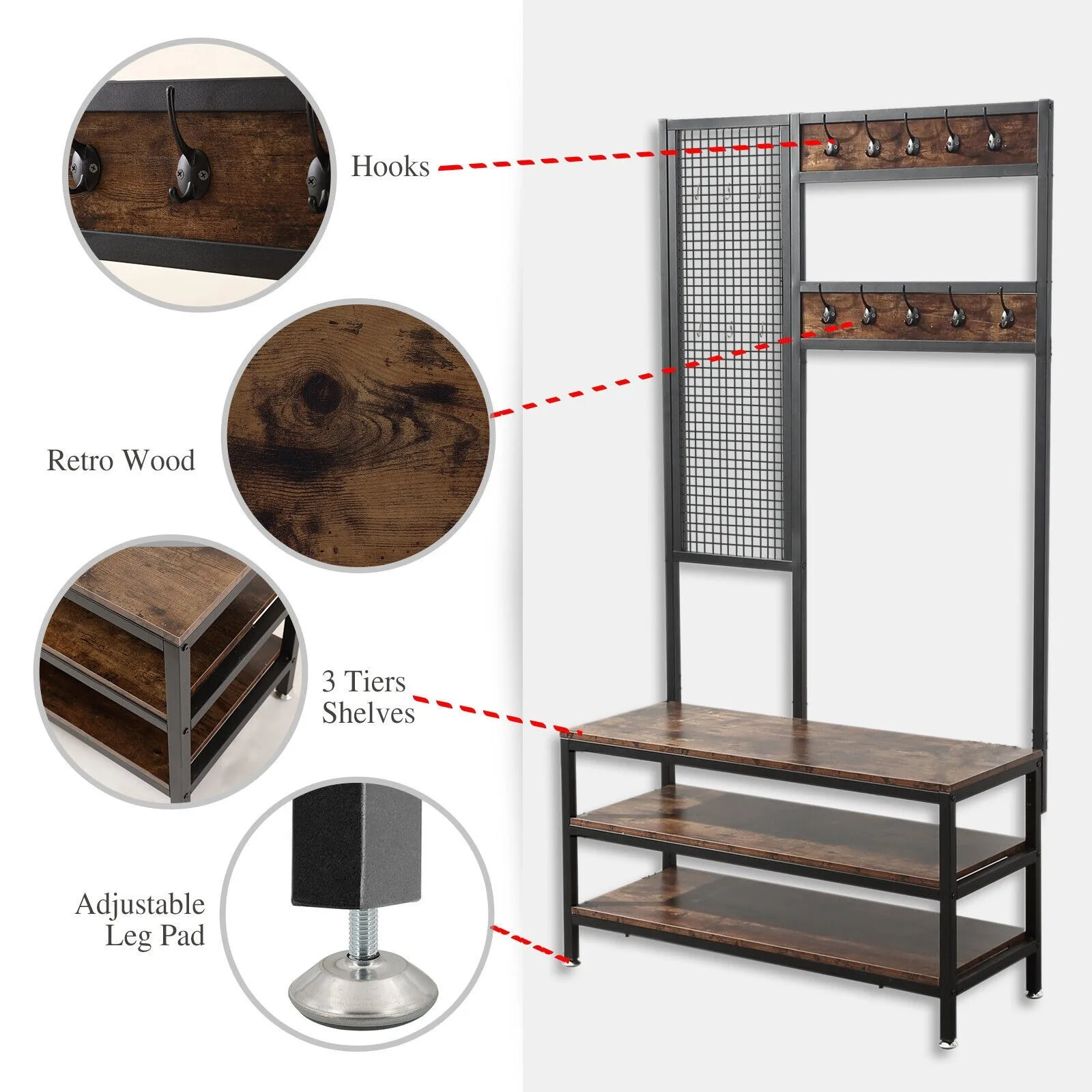 Hall Tree Grid Wall Coat Rack Shoe Bench Wood - Entryway Storage Shelf Organizer Stany Zjednoczone