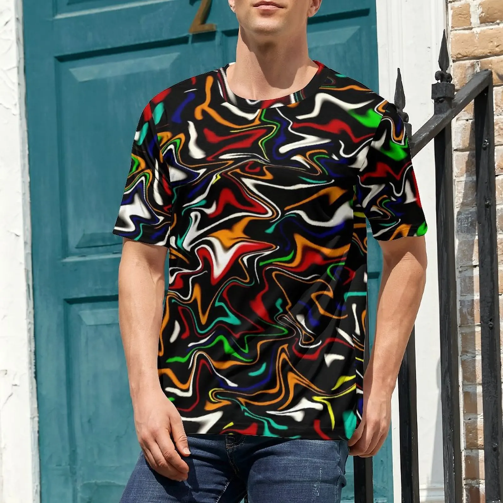 Men Neon Paint T Shirt Liquid Print Trendy T Shirts Short Sleeve Graphic Tshirt Wholesale Premium Kawaii Oversized Tees