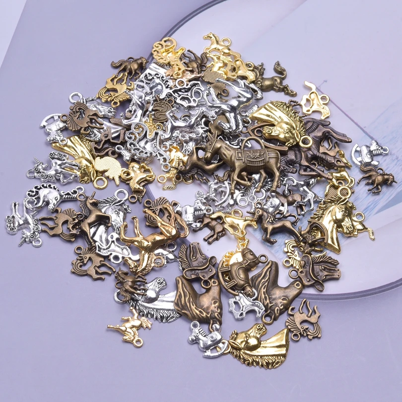 30/50pcs Charms Fly Horse Lucky Horseshoe Gold Color Pony Antique Bronze Mixed Pendants DIY Findings Tibetan Jewelry Craft