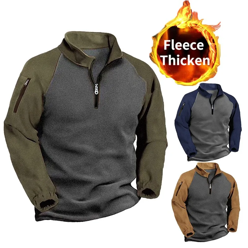 Men's Warm Half Zip Fleece Pullover Long Sleeve Top Stand Collar Sweatshirt with Arm Pocket Winter Outdoor Hiking Casual Shirt