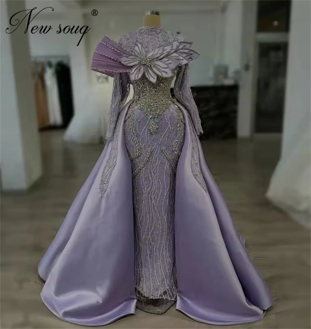 Due pezzi lilla maniche lunghe abiti da sera eleganti perline cristalli abito da ballo abiti da cóctel abiti da festa personalizzati