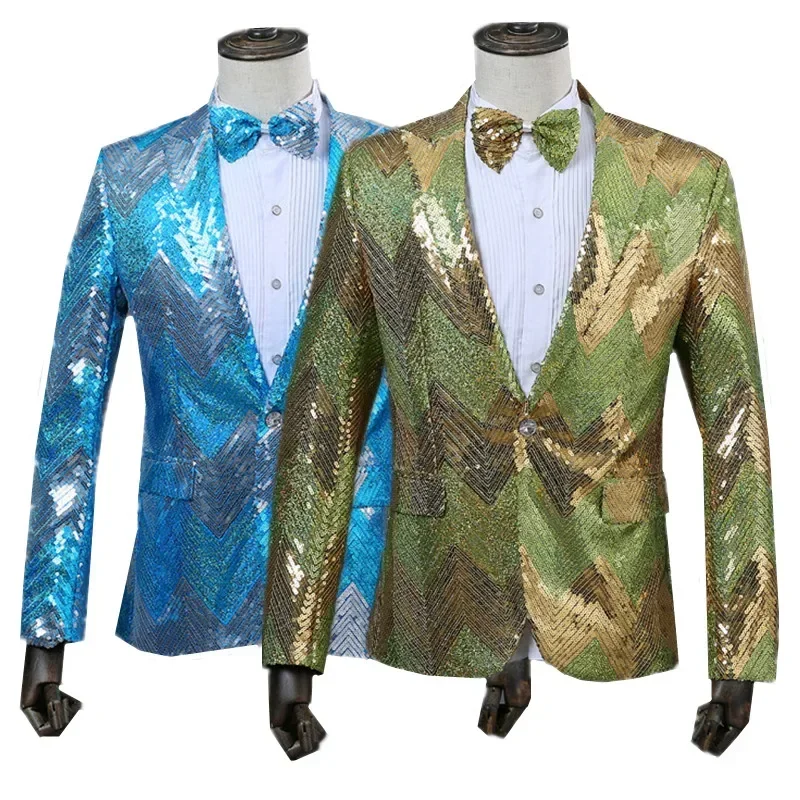 Men's Luxury Sequin Blazer Green/Blue 2025 Fashion Singer Stage Performance Dress Thin Jacket