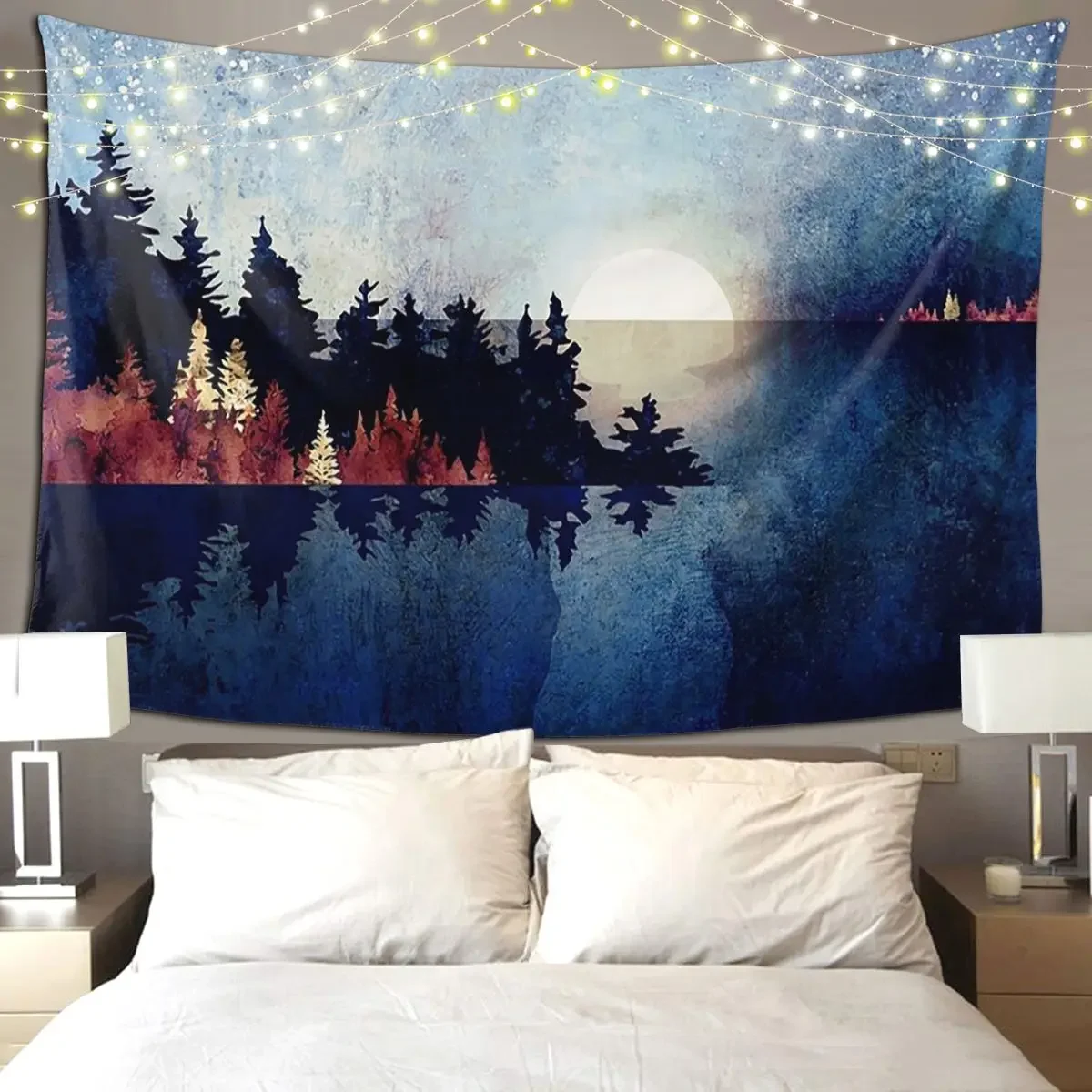 Autumn Moon Reflection Tapestry Hippie Wall Hanging Aesthetic Home Decoration Tapestries for Living Room Bedroom Dorm Room