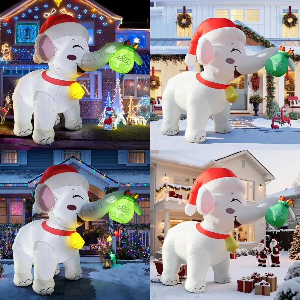 11-Foot White Elephant Christmas Inflatable with Gift Box, LED Lights, Outdoor Holiday Decor for Party Yard Lawn