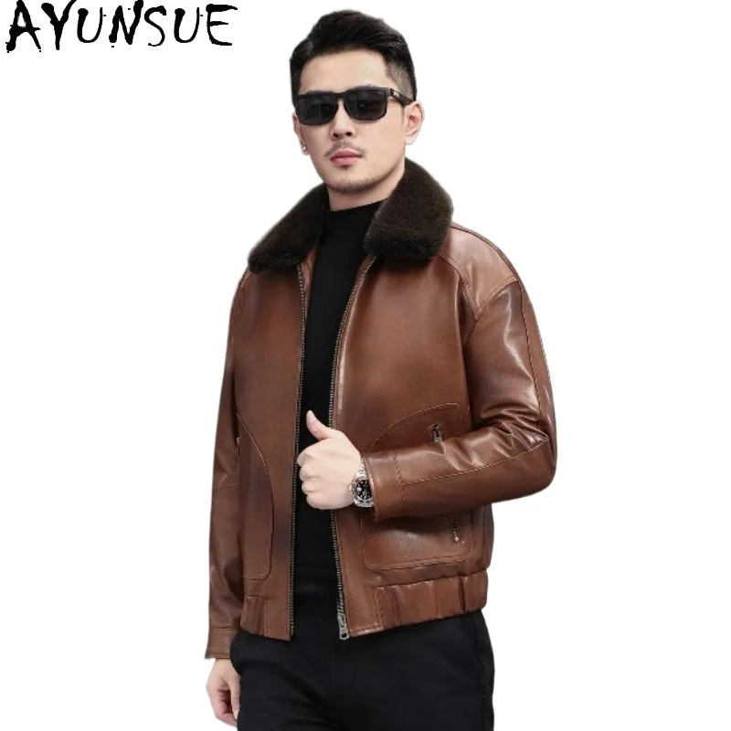 AYUNSUE High-end Real Leather Down Coat Man Genuine Goatskin Leather Jacket Men White Duck Down Coats Winter Mink Fur Collar