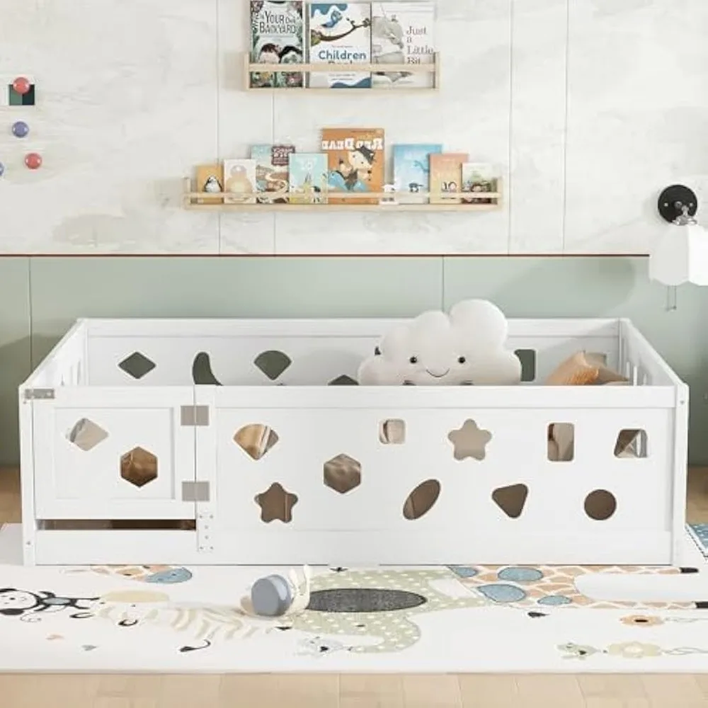 Cama de chão de tamanho completo com guarda-rails e porta de segurança aumentados, Bede de madeira maciça com trilhos para meninas, meninos, adolescentes, quarto infantil