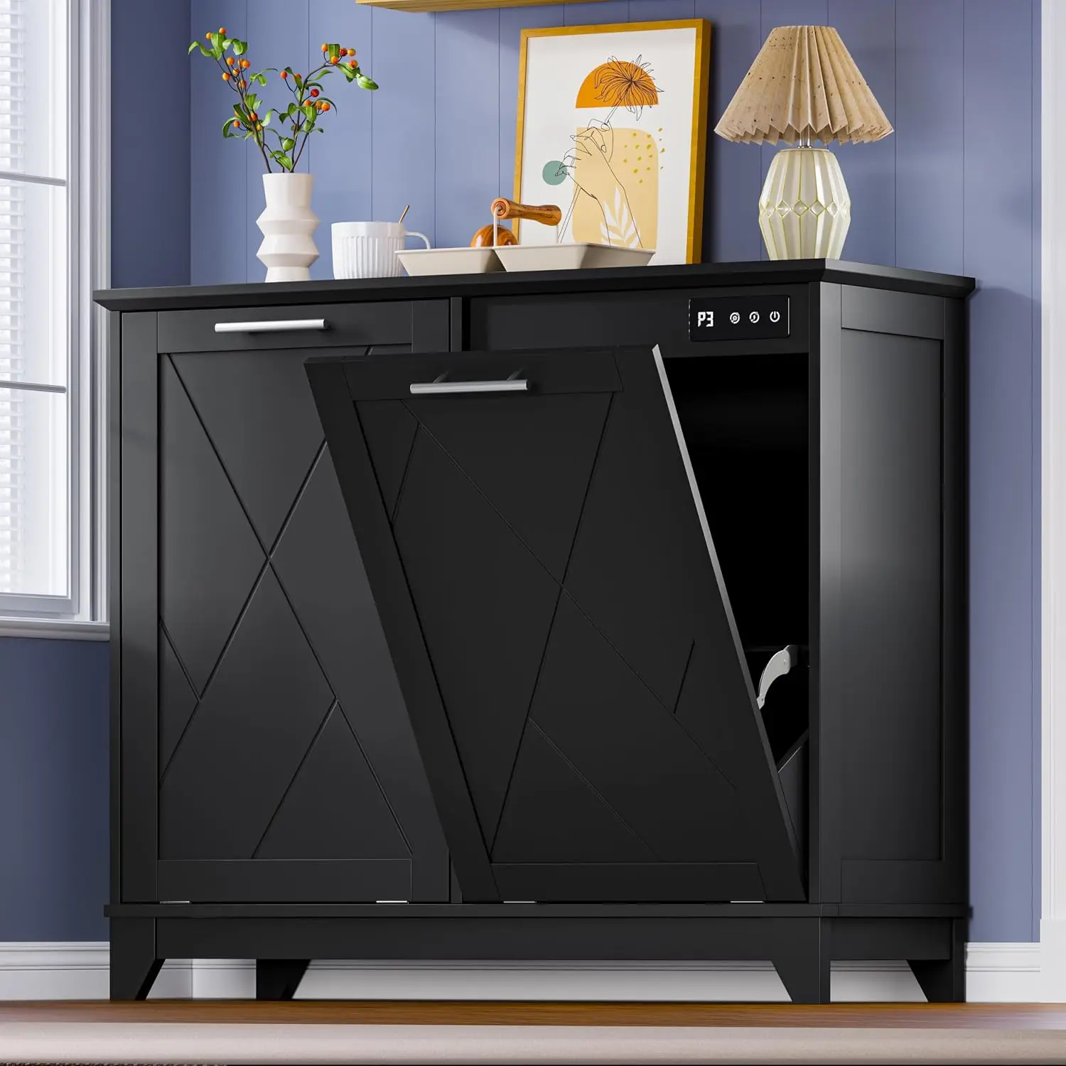 Tilt Out Trash Can Cabinet for 2 Bins, Hidden Recycle Garbage Bin Enclosure, Wooden Double Laundry Cabinet with, Customized
