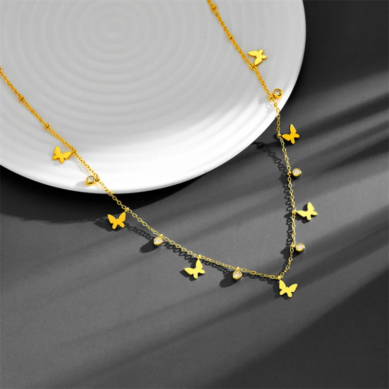 Kuziduocai 100% Stainless Steel 2025 New Fashion Jewelry Zircon Heart Shape Butterfly Charm Chain Choker Necklaces For Women