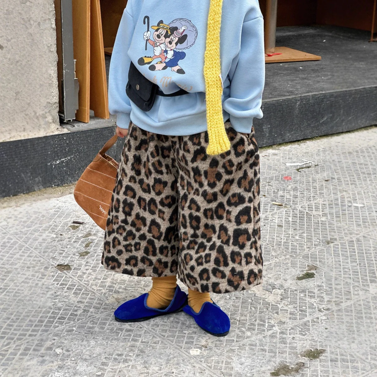2025 Winter Clothing New Wide Legs with Thick Velvet for Girls Loose Leopard Pattern Boots and Pants Children's Hair