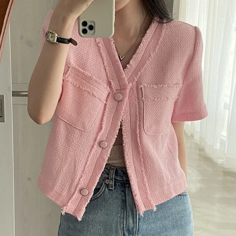 

Chic Summer Loose Wide Leg Pants Women's ort Coat V-ne Fringed Hem Design Double ket Thi Tweed Outerwear