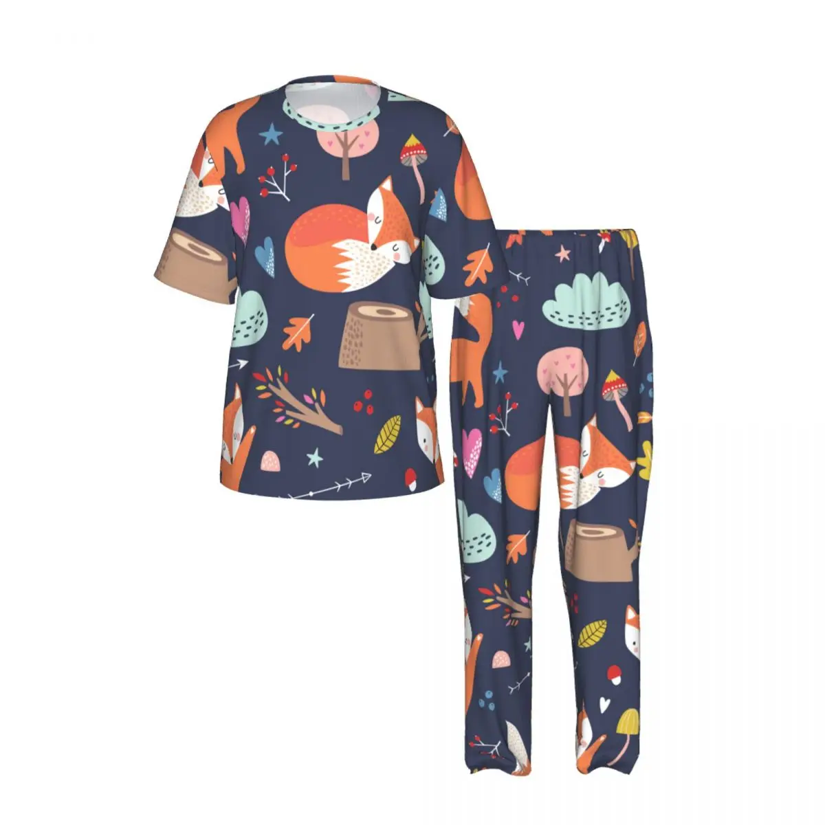 Sleepwear Summer Spring Home Clothes Comic Cartoon Fox Short Sleeve Long Pant Nightwear