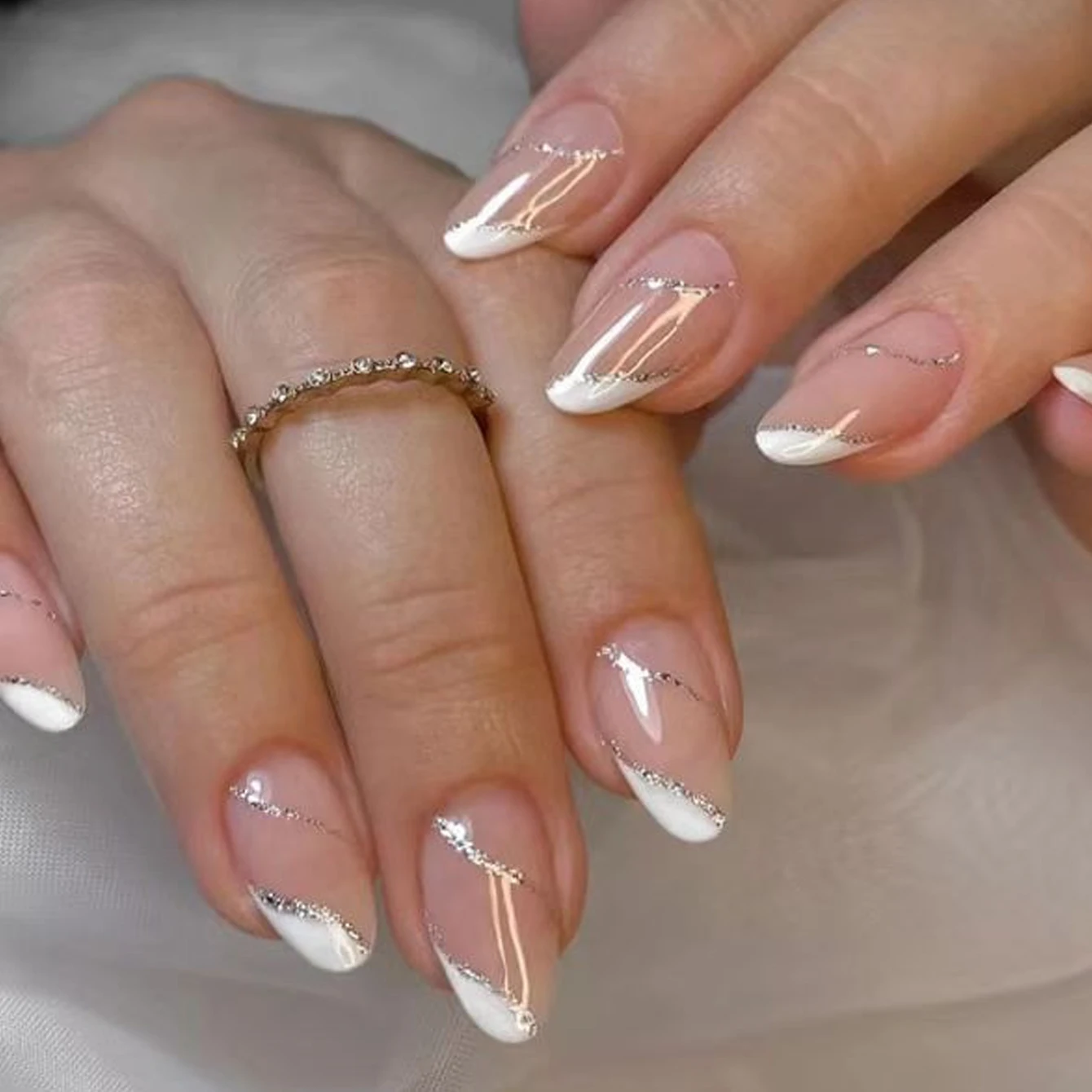 24PCS Medium Almond Fake Nails With Silver Vortex Design, White French Pointed Fake Nails, Reusable Acrylic Nails