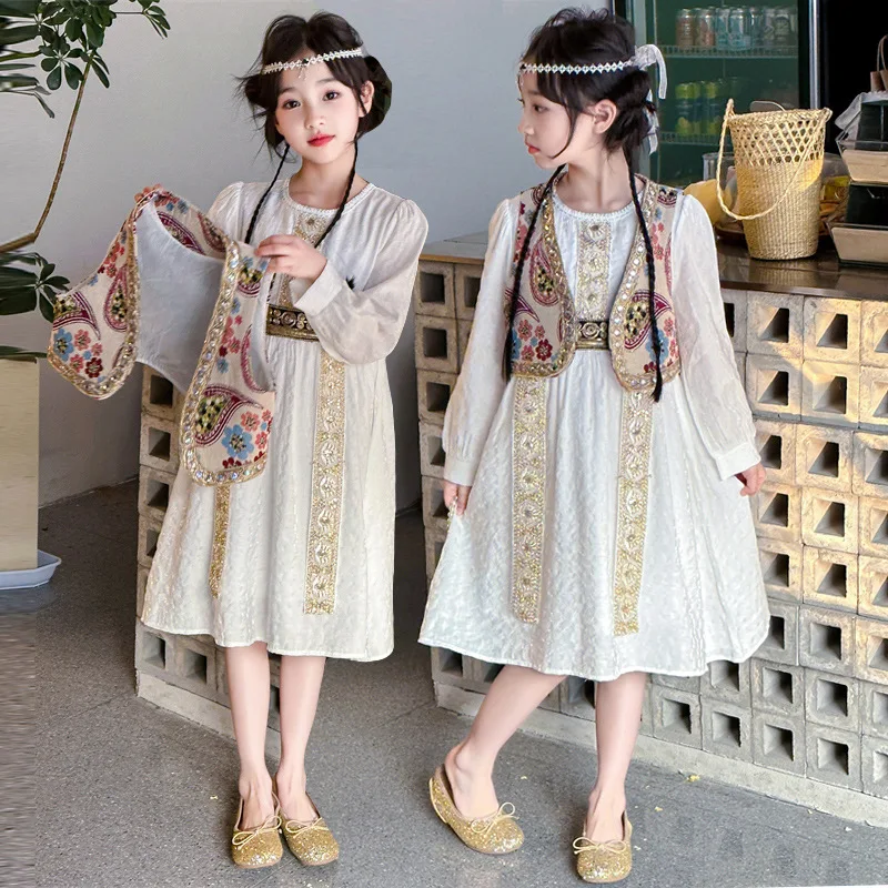 

Baby Girl Two-piece Dress Set Autumn Printed Vest+Round Neck Dress Children Girls Set Long Sleeves Kids Girls Princess Dress Set