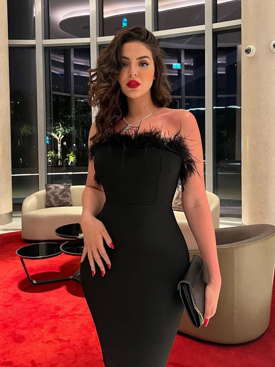 

Feather Elegant Formal Occasion Dresses 2023 Strapless Sheath Simple Party Dress Black Satin Sexy Evening Gowns فساتين السهرة