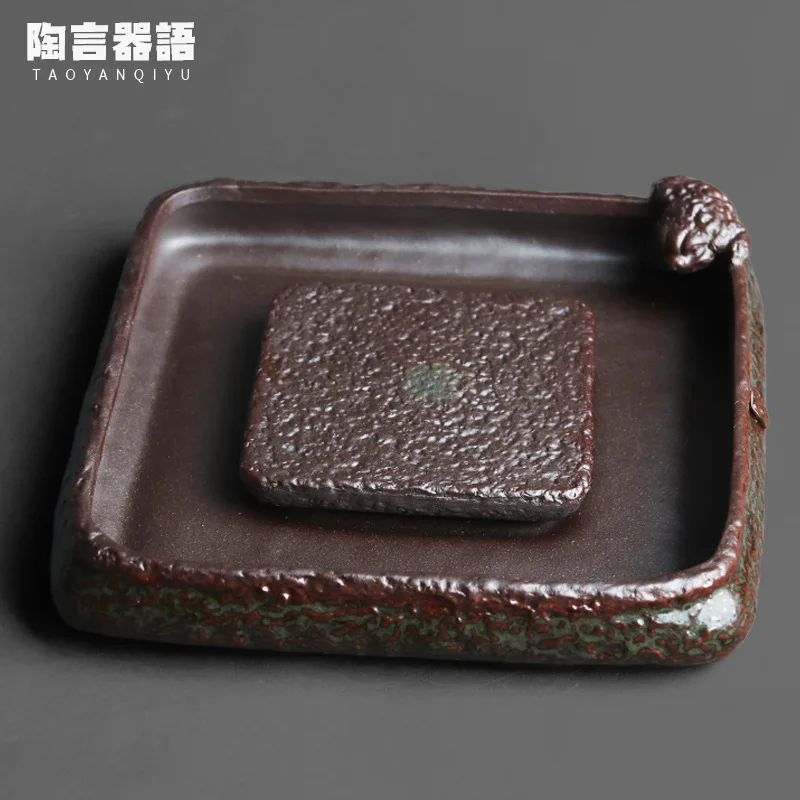 Wood burning fire marks relief frog square teapot base tray handmade retro pottery Zen kettle pad flower hydroponic plate