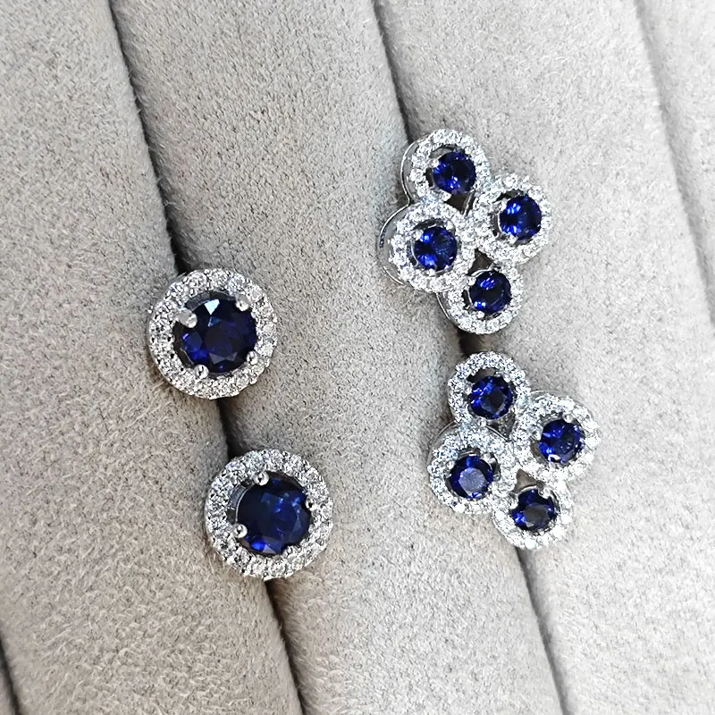 Blue Fashion Women Bling 925 Silver Zircon Earrings Round Zircon Earring Stud 925 Sterling Silver Stud Earring Set 2 Pairs