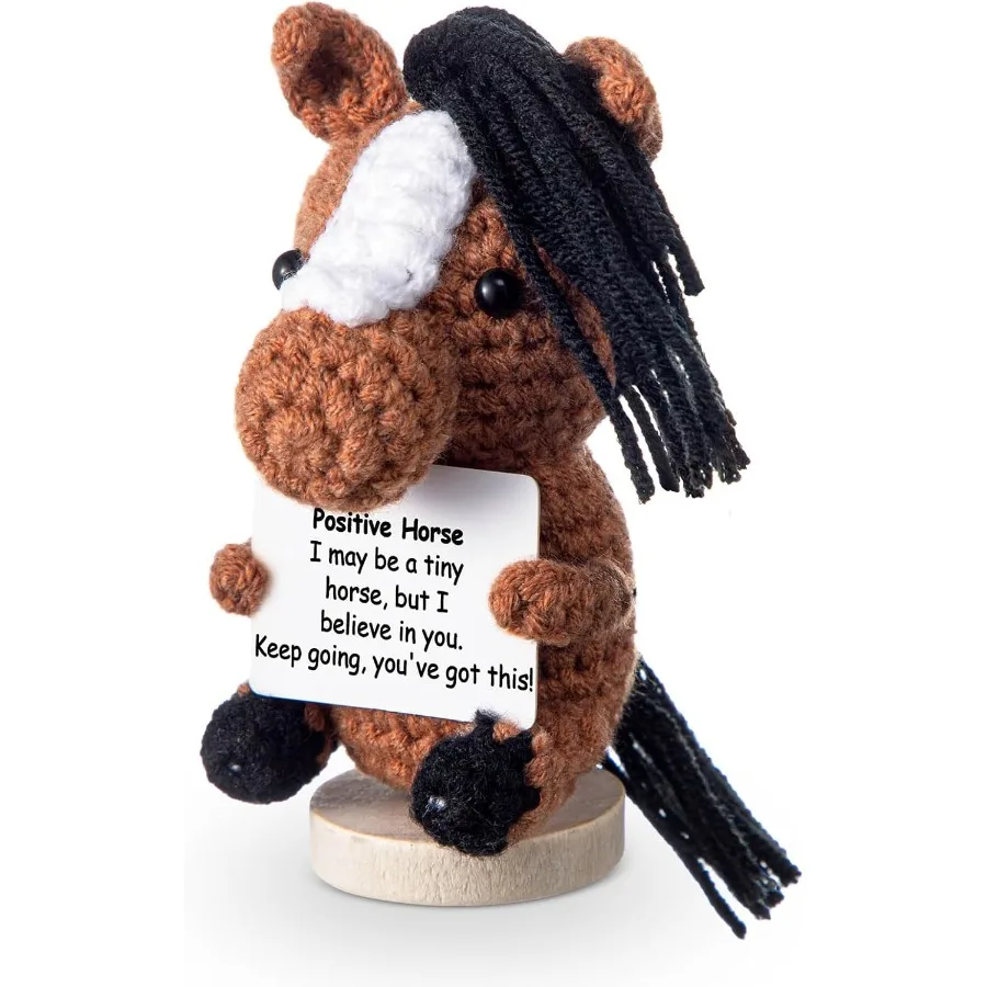 Regalos de ganchillo de caballo positivo para mujeres y hombres, Animal emocional hecho a mano, bonito regalo de cumpleaños, juguete de punto inspirador con tarjeta para