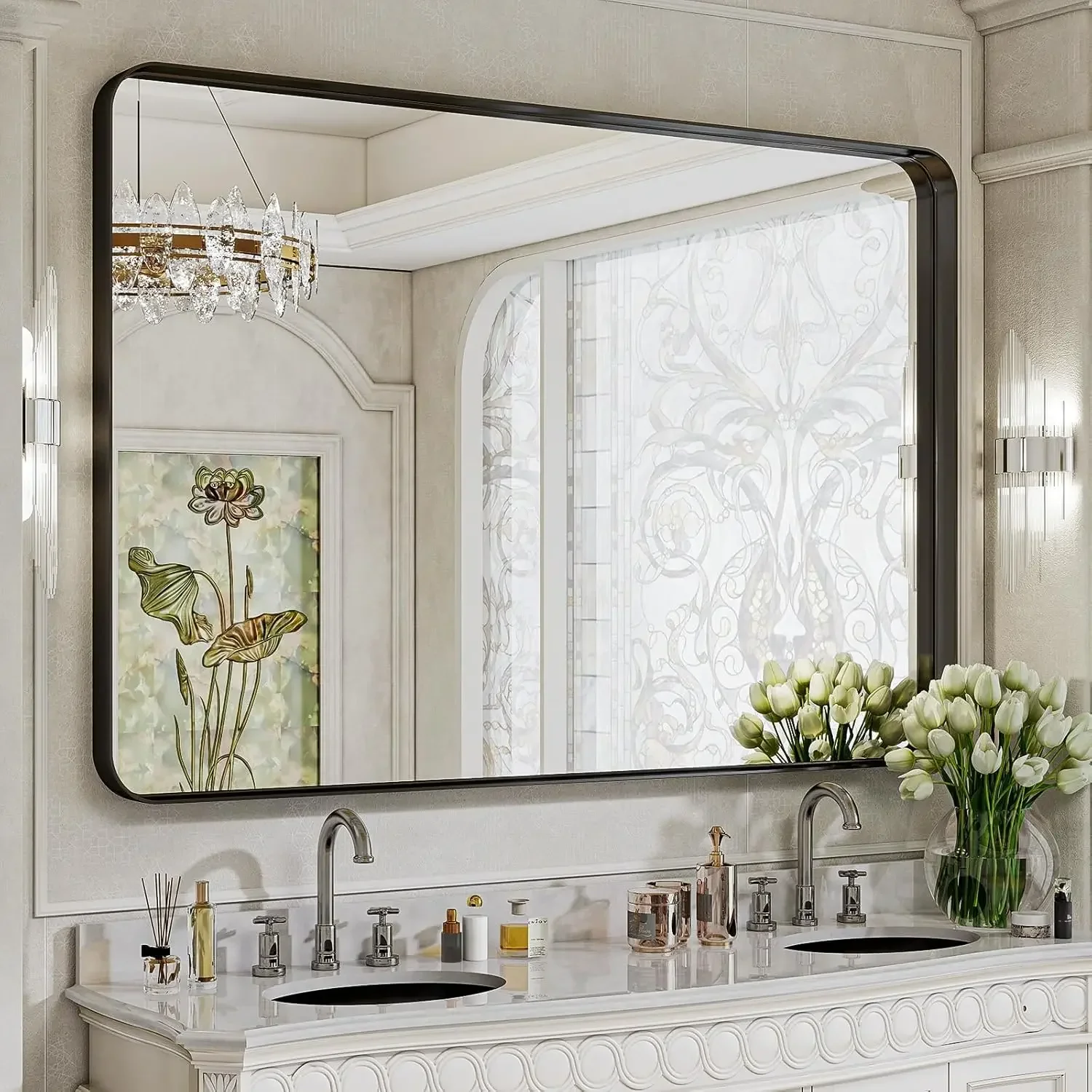 

Зеркало для ванной 30x48 дюймов, черное, с глубокой рамой, настенное, современное, с закругленными углами, для спальни, гостиной