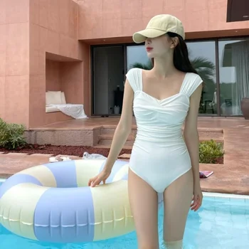 Korean Hot Spring New One Piece White Swimsuit Women Small Chest Sexy Pleated Conservative Belly Covering Retro Holiday Swimwear