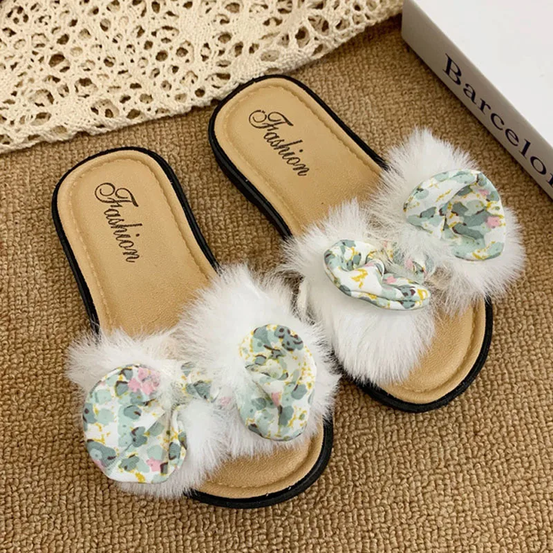 New Beach Slippers Kids Girls Shoes Toddlers Hairy Open Toe Slide Slippers Children Flat Sandals Bowknot Princess Shoes CSH1419