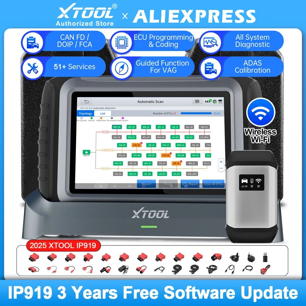 XTOOL InPlus IP919 أداة تشخيص السيارات بلوتوث الماسح الضوئي للسيارات يمكن FD DOIP FCA ECU الترميز مفتاح برمجة طوبولوجيا 51 إعادة تعيين