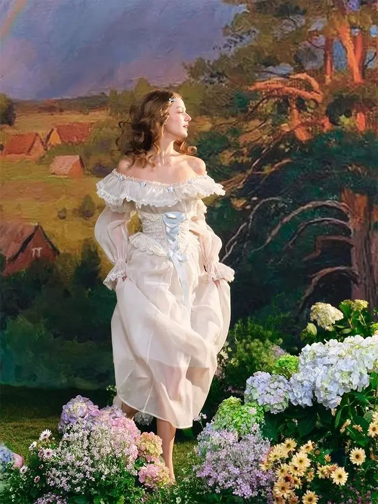 Vestido Vintage Francês Lolita Corte Com Bordado Renda, Cintura Fina, Saia Grande, Elegante Vestido Princesa Manga Bufante Amarração Feminino