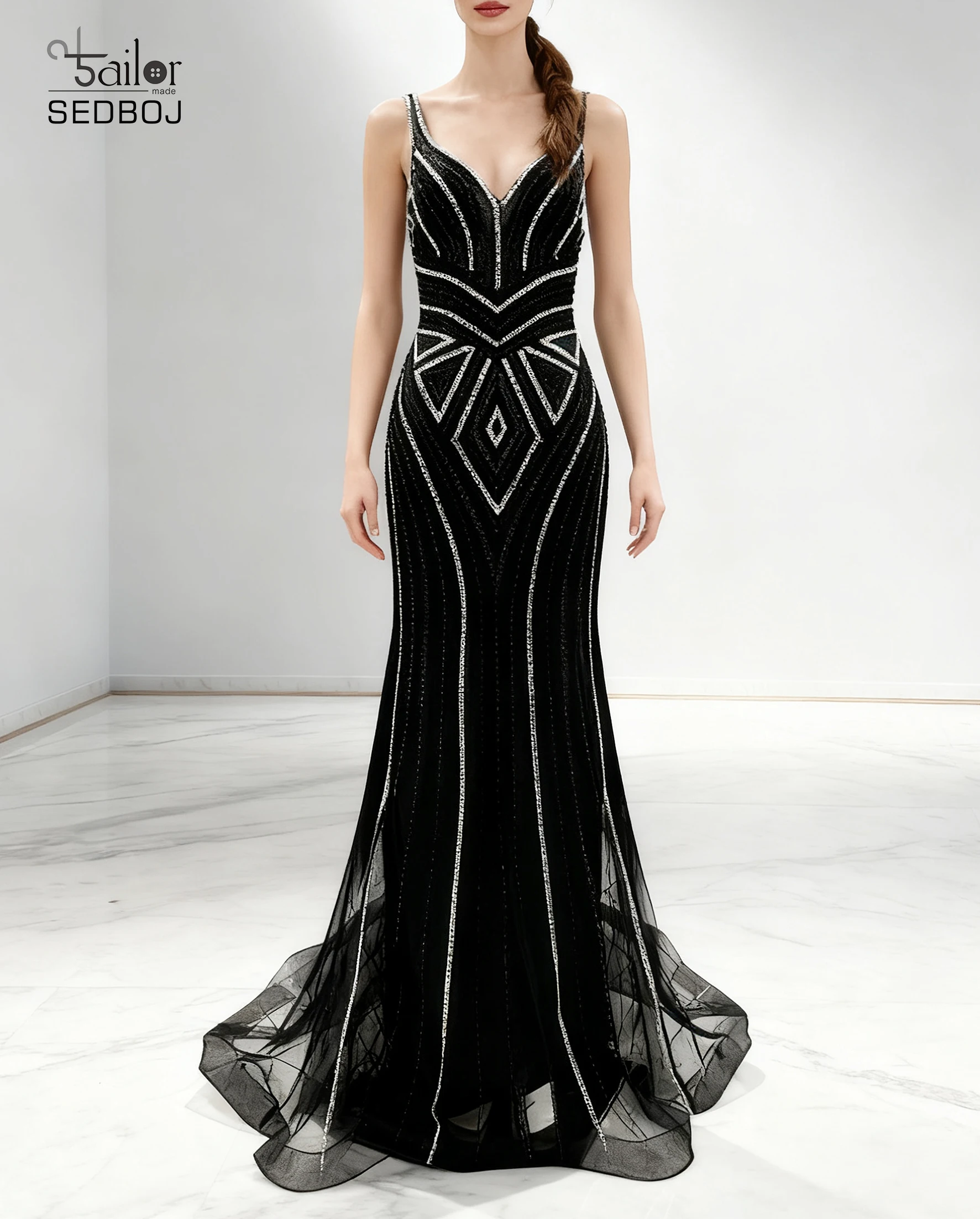 

Tailored V-neck slim shoulder black beaded fish tail evening gown